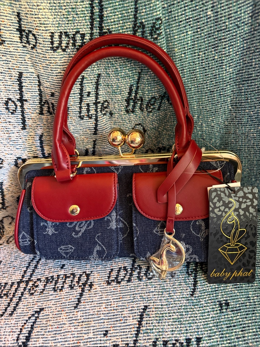 Baby Phat Red Trim Denim Logo Mini Satchel with Gold Hardware